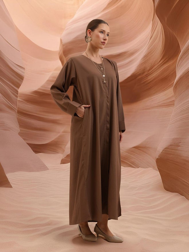 آي شين عباية قطنية مكسرة عادية مع حجاب - بني - Image 4